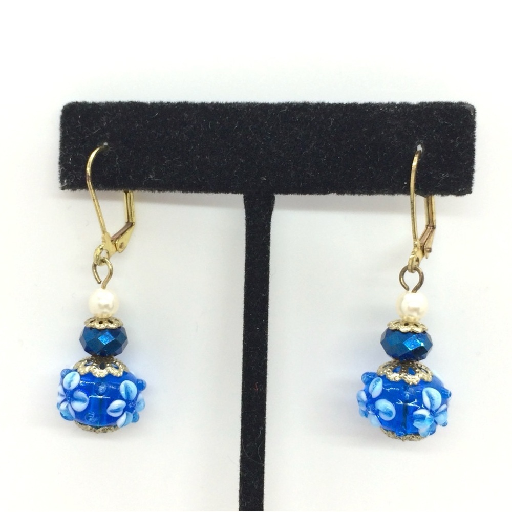 3/$30 BLUE LAMPWORK BEAD FLOWER FILIGREE BEAD EARRINGS LEVERBACK FLORAL PEARL